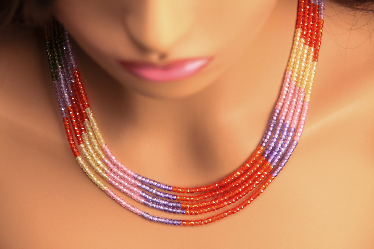 Sunset CZ Multi Shaded 5 Strands 20” Necklace Plus 9" Adjustable Thread. Beautiful Sunset Ombre orange yellow disco necklace