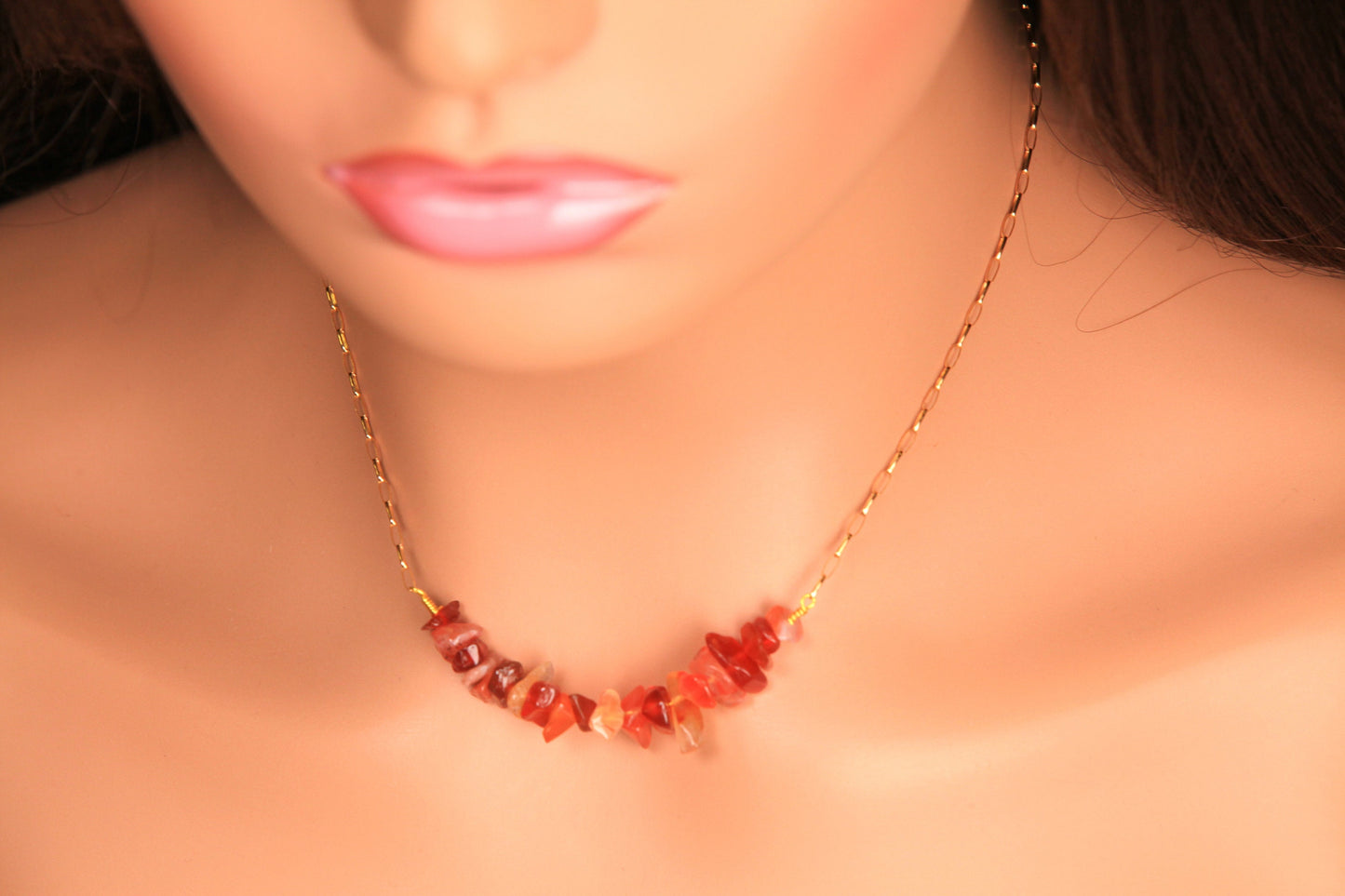 Natural Carnelian 5-10mm Raw Freeform Chips in 14K Gold Filled or 925 Sterling Silver Bar Necklace, Healing Crystal,Chakra,August Birthstone