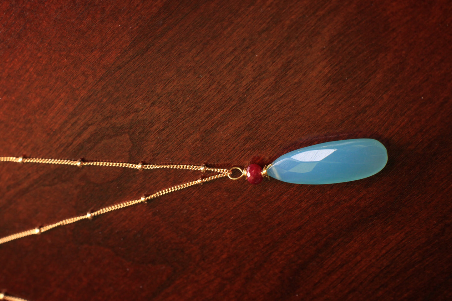 Genuine Blue Chalcedony Faceted Long Pear Drop, genuine Ruby accent 14k Gold Vermeil Satellite Howl Necklace