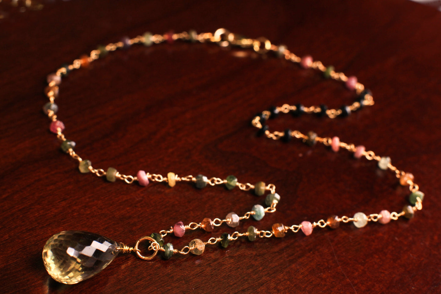 Natural Whiskey Quartz pear drop Wire Wrapped Briolette Dangle on Multi Tourmaline gold beaded chain Handmade Necklace Gift