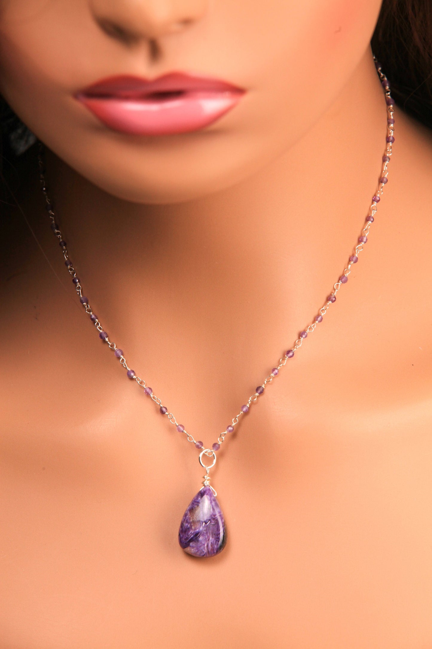 Natural Charolite smooth drop dangling pendant with natural Amethyst 3mm faceted wire wrapped rosary chain 925 star silver necklace