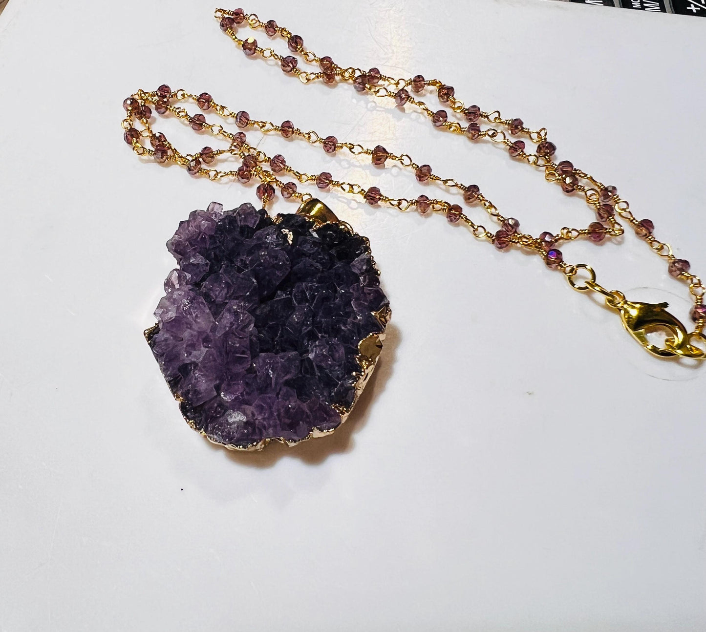 Amethyst Geode Gold Plated Druzy Chunk 22x37mm long , 20mm thick Pendant matching Faceted Amethyst chain 20" Necklace 3" Extension Chain