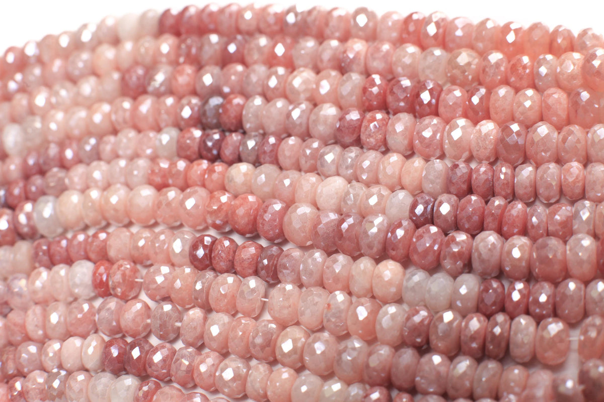 Natural Peach Moonstone shaded Peach and Baby Pink Shaded Mystic 7-9.5mm roundel, Jewelry making super beautiful beads, 7" strand