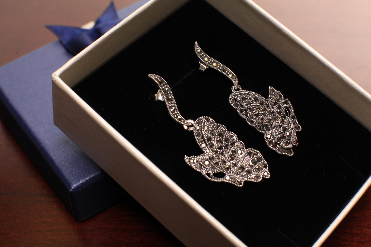 Vintage Marcasite 925 Sterling Silver large Butterfly 17x44mm Fancy Post Earrings, Vintage, 925 Stamped Antique Gift for her