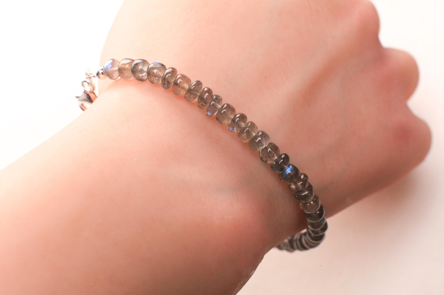 Labradorite Smooth Roundel 5-5.5mmBlue Flashy 925 Sterling Silver Bracelet with Optional 1" Extender, Gift, Chakra, Yoga Energy Healing gift