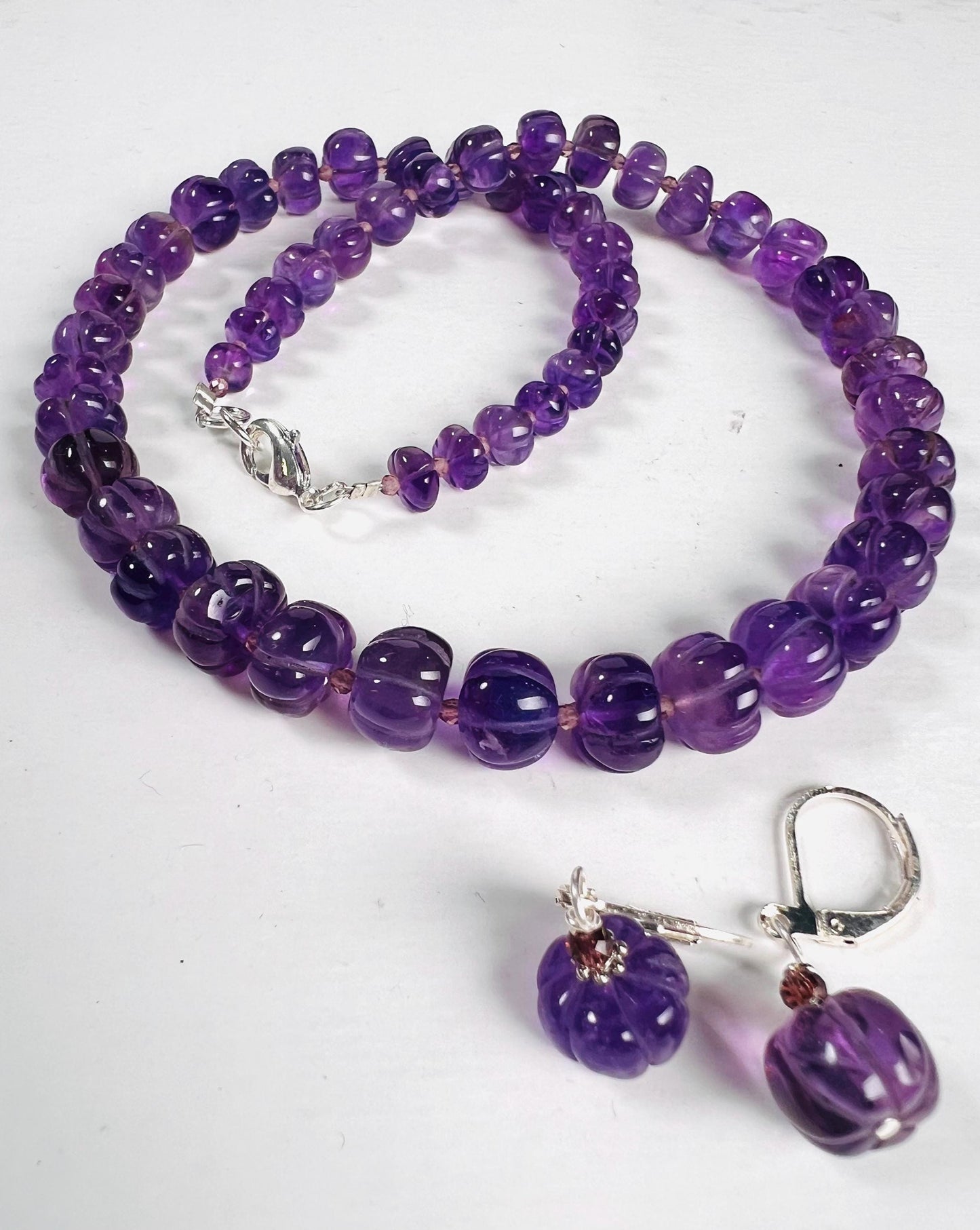 Natural Amethyst Purple 6-8mm AAA Carved Pumpkin Beaded Necklace in Silver Lobster clasp. Necklace and Earrings set. February Birthstone