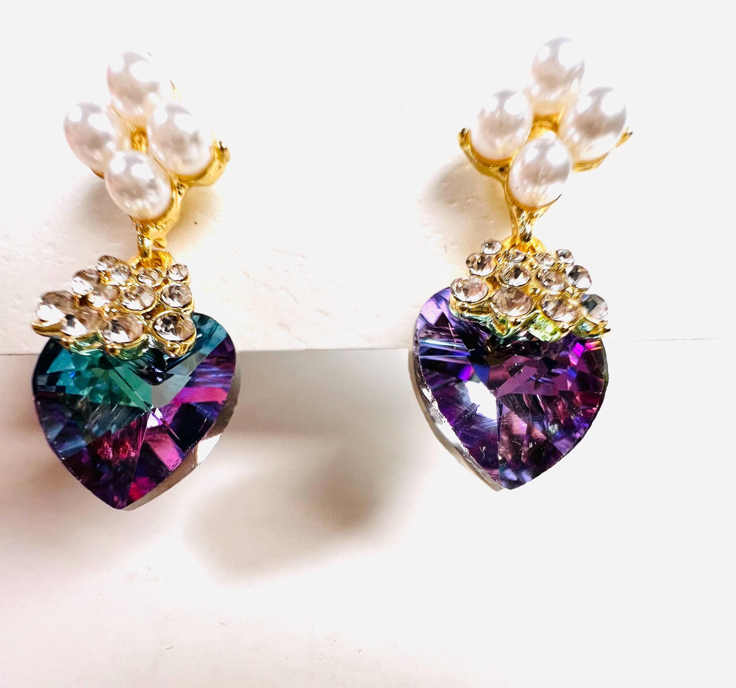 Swarovski Crystal Purple AB Rainbow aurora broiles 14mm Heart with pearl gold post Earrings, Valentines girlfriend Gift,pink purple mystic