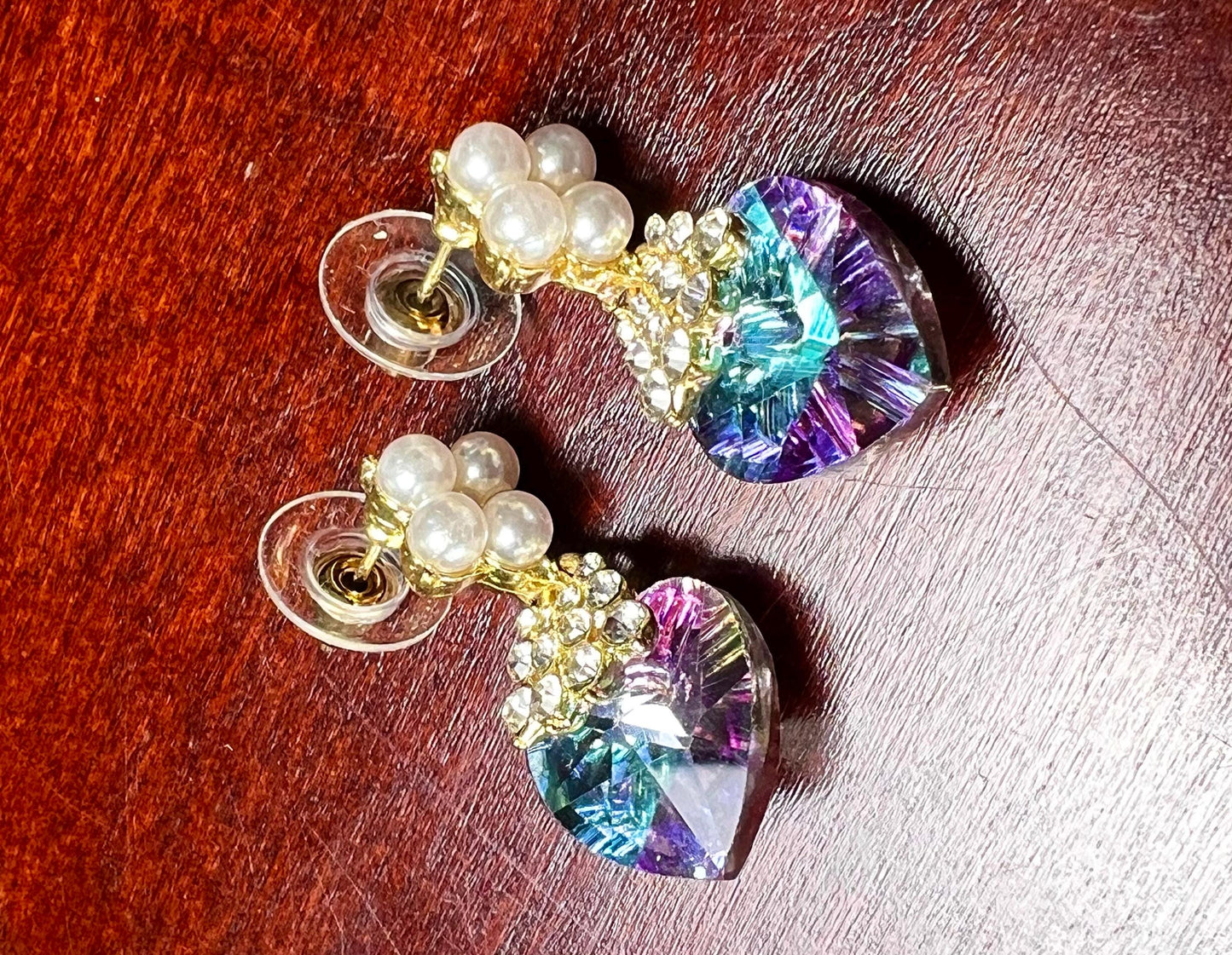 Swarovski Crystal Purple AB Rainbow aurora broiles 14mm Heart with pearl gold post Earrings, Valentines girlfriend Gift,pink purple mystic