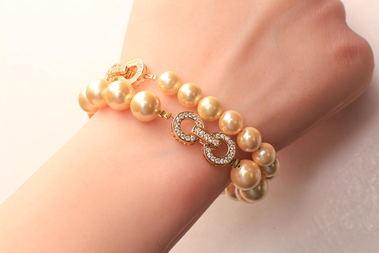 Golden Yellow South Sea Shell Pearl 8mm,10mm Bracelet Fancy CZ Diamond Gold Vermeil Foldable Clasp, Bridal, for Her, Each sold separately