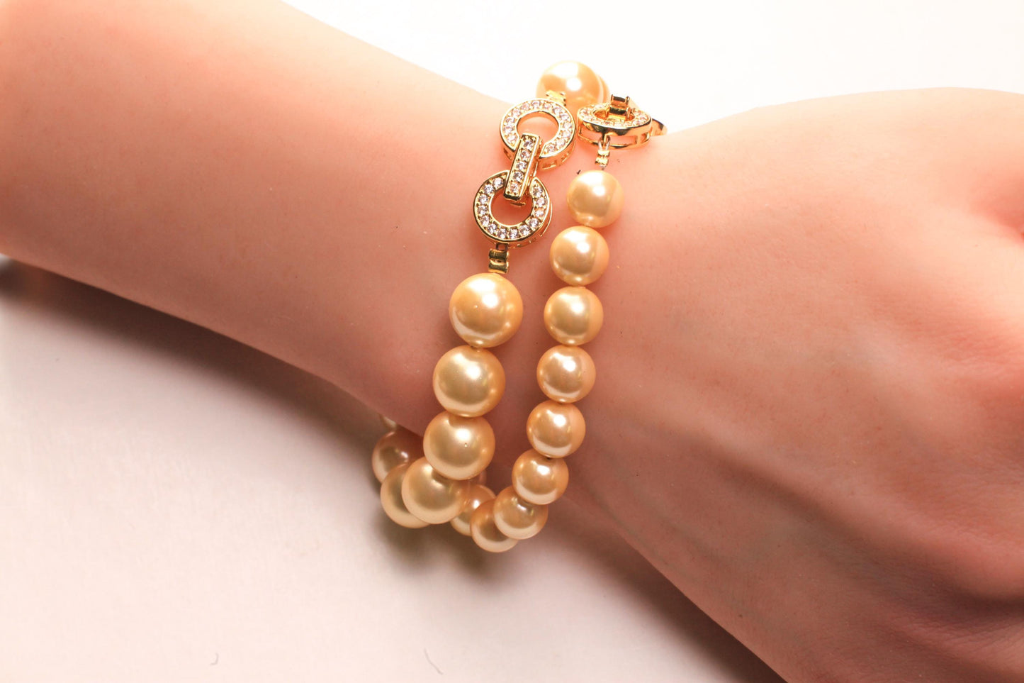 Golden Yellow South Sea Shell Pearl 8mm,10mm Bracelet Fancy CZ Diamond Gold Vermeil Foldable Clasp, Bridal, for Her, Each sold separately