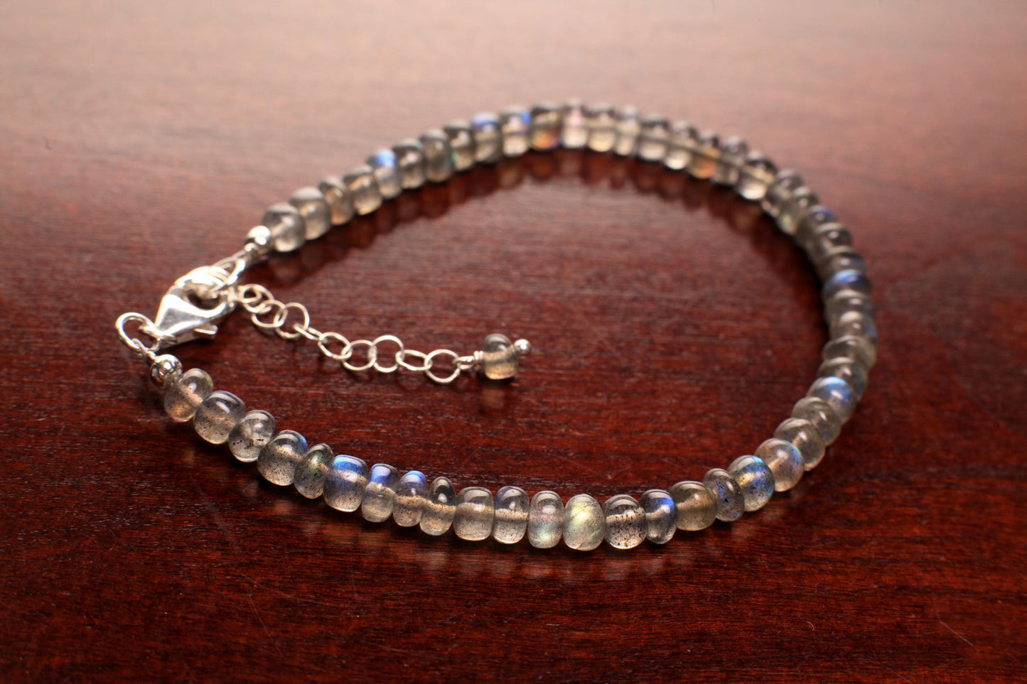Labradorite Smooth Roundel 5-5.5mmBlue Flashy 925 Sterling Silver Bracelet with Optional 1" Extender, Gift, Chakra, Yoga Energy Healing gift
