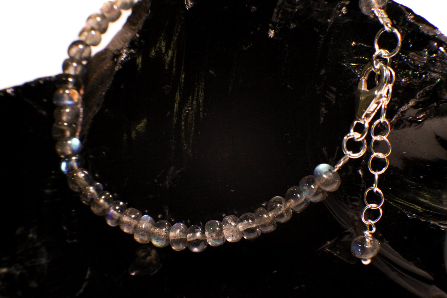 Labradorite Smooth Roundel 5-5.5mmBlue Flashy 925 Sterling Silver Bracelet with Optional 1" Extender, Gift, Chakra, Yoga Energy Healing gift