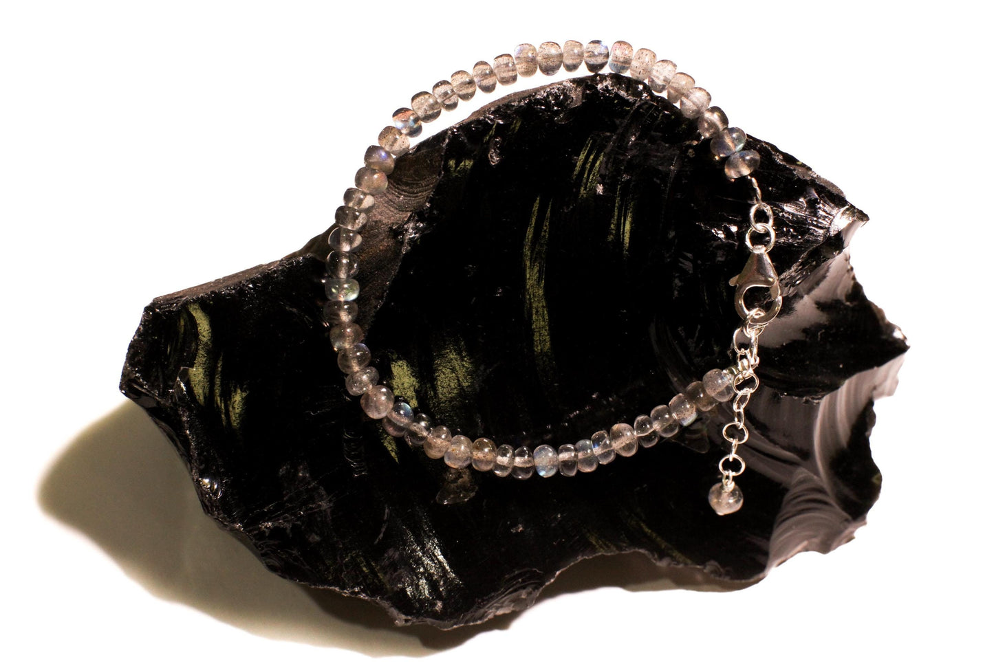 Labradorite Smooth Roundel 5-5.5mmBlue Flashy 925 Sterling Silver Bracelet with Optional 1" Extender, Gift, Chakra, Yoga Energy Healing gift
