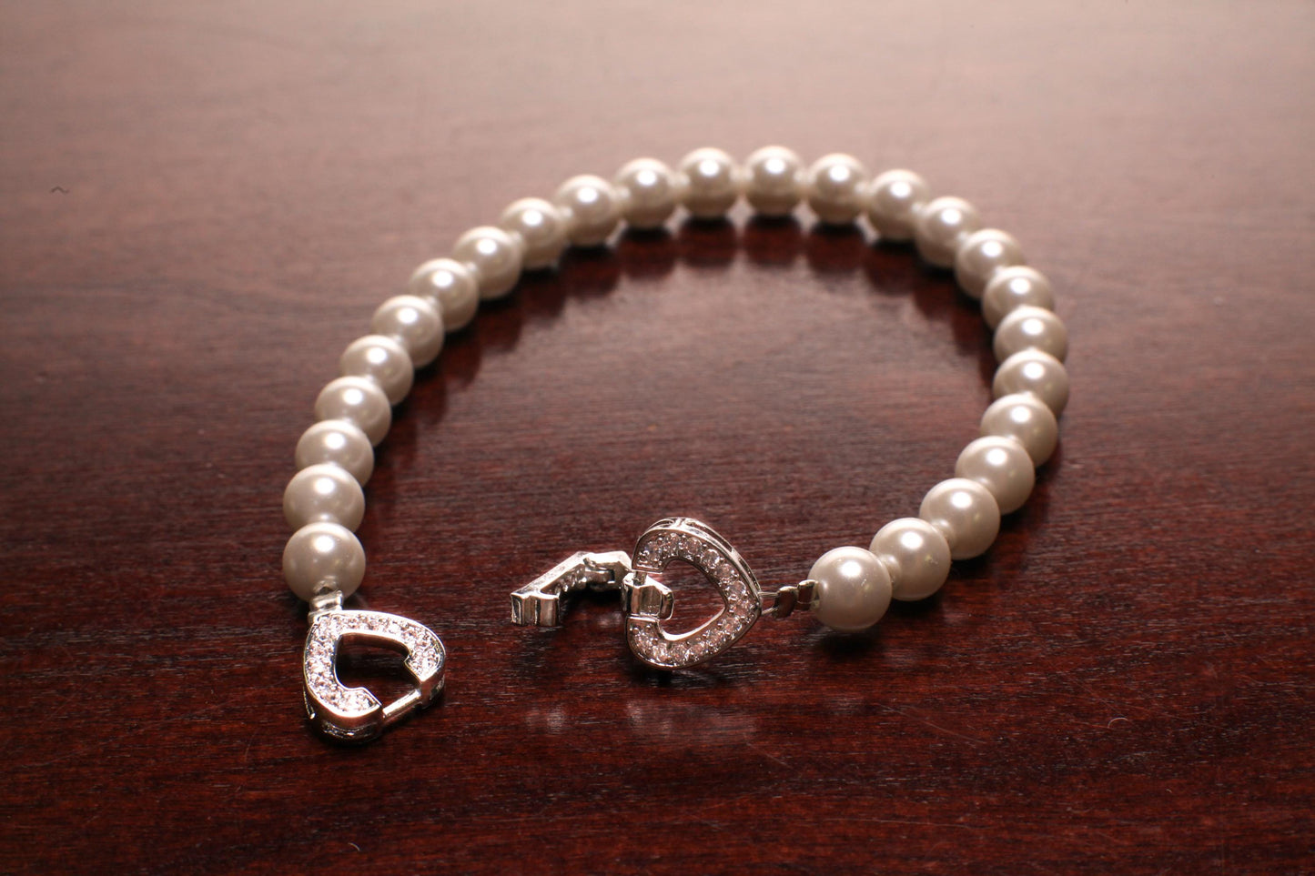 White South Sea Shell Pearl 6mm Bracelet in Fancy Heart CZ Diamond Sterling Silver Foldable Clasp, Bridal, Gift for Her, Handmade