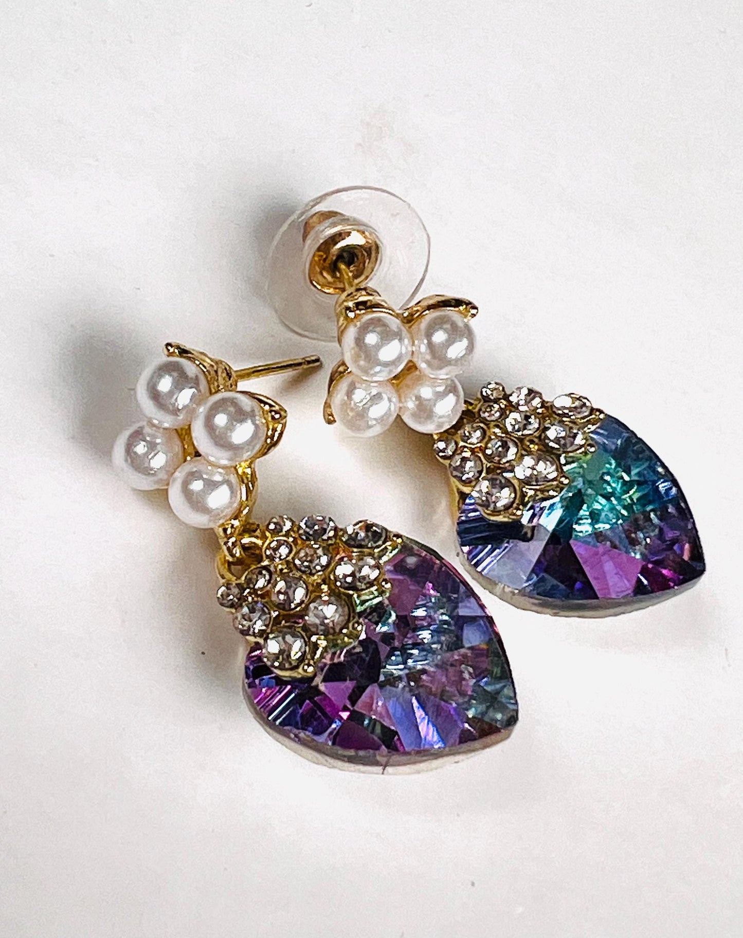 Swarovski Crystal Purple AB Rainbow aurora broiles 14mm Heart with pearl gold post Earrings, Valentines girlfriend Gift,pink purple mystic