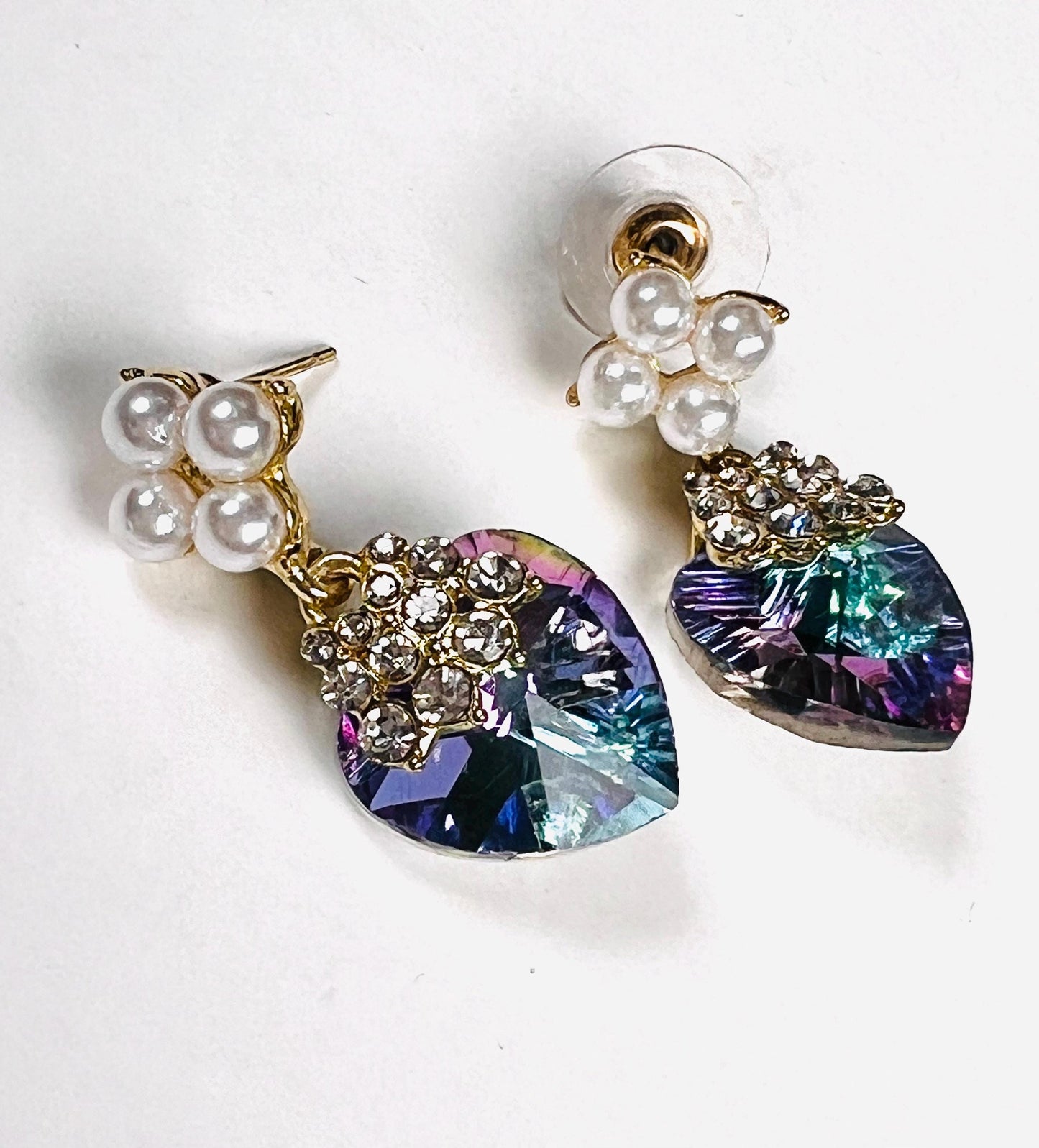 Swarovski Crystal Purple AB Rainbow aurora broiles 14mm Heart with pearl gold post Earrings, Valentines girlfriend Gift,pink purple mystic