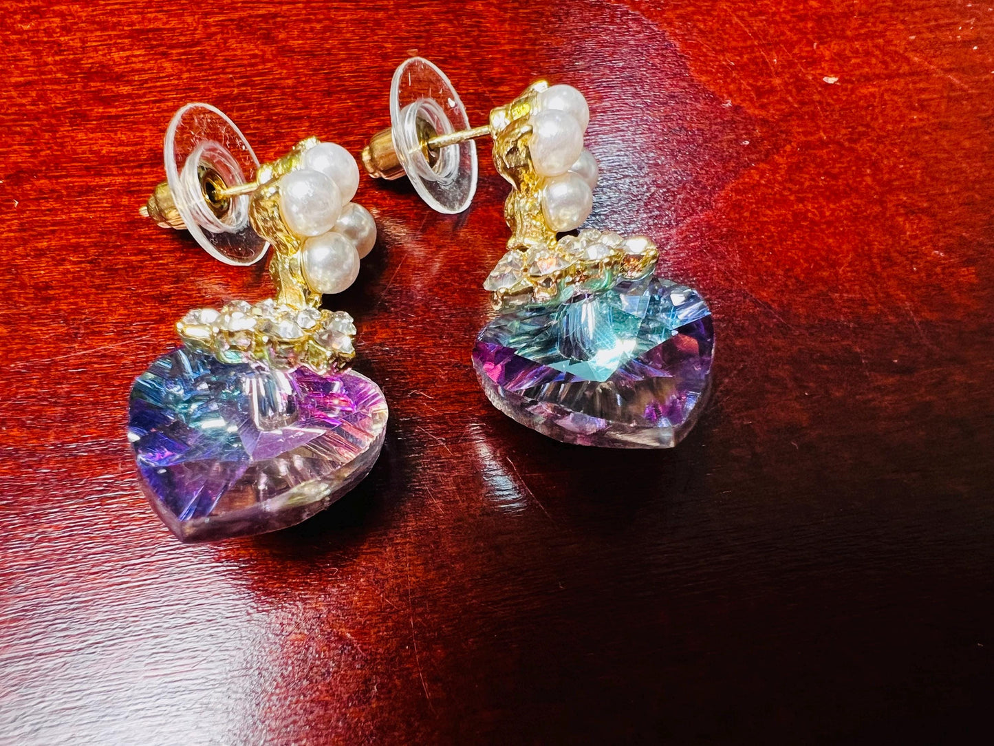 Swarovski Crystal Purple AB Rainbow aurora broiles 14mm Heart with pearl gold post Earrings, Valentines girlfriend Gift,pink purple mystic