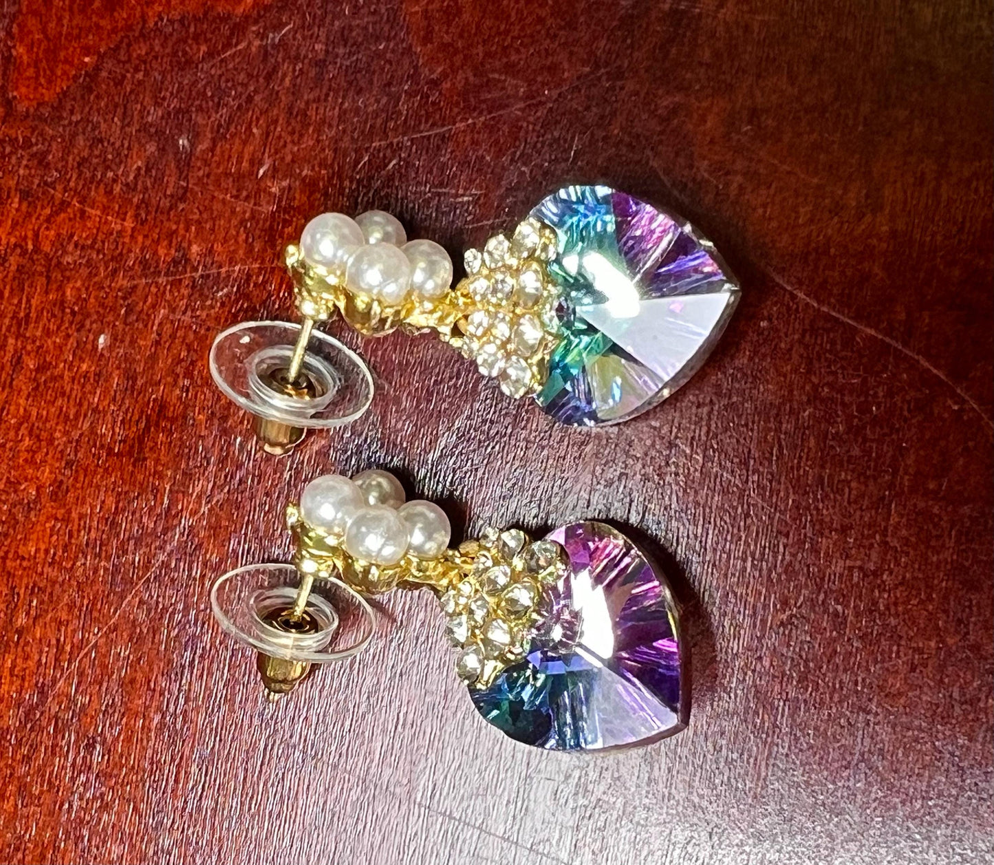 Swarovski Crystal Purple AB Rainbow aurora broiles 14mm Heart with pearl gold post Earrings, Valentines girlfriend Gift,pink purple mystic