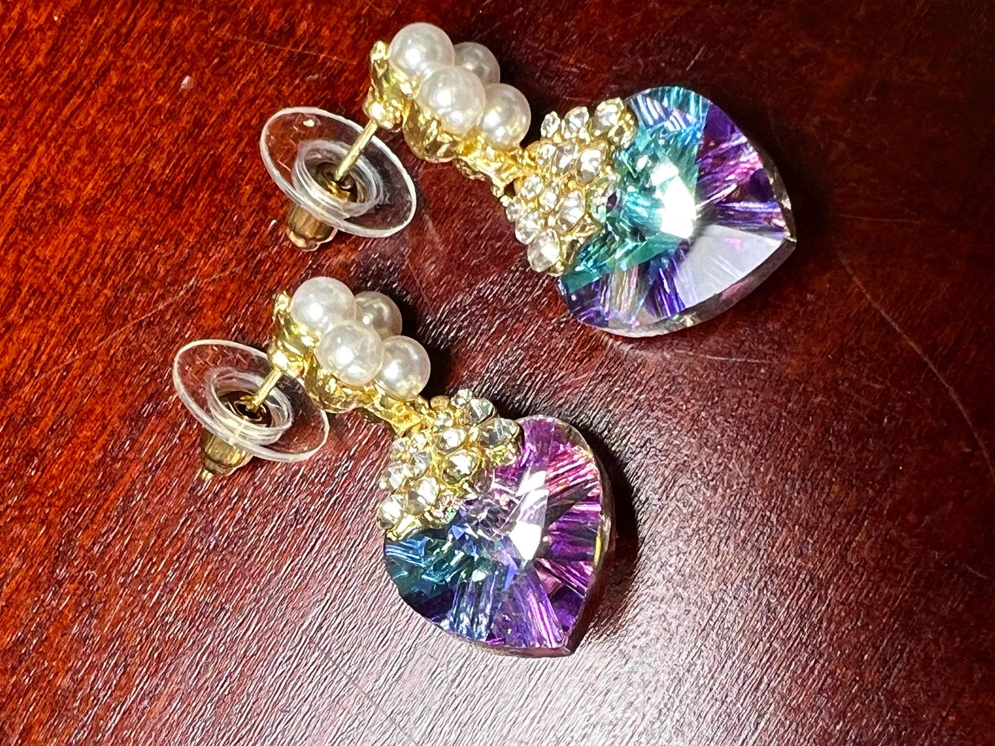 Swarovski Crystal Purple AB Rainbow aurora broiles 14mm Heart with pearl gold post Earrings, Valentines girlfriend Gift,pink purple mystic