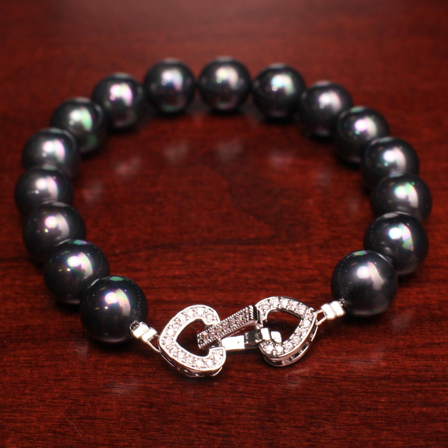 Black pearl Bracelet. South seashell 10mm black peacock pearl Fancy Heart CZ Diamond Foldable Clasp bracelet Bridal, gift for Her