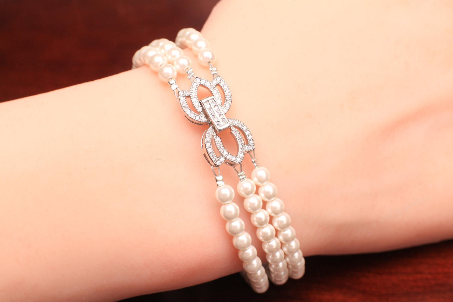 White South Seashell Pearl 4mm 3 Line Bracelet in Fancy CZ Diamond Rhodium Silver Foldable Clasp, Bridal, Gift for Her