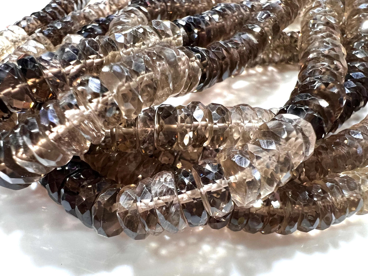 Natural Smokey Quartz Faceted heishi wheel tyre roundel shaded micro cut AAA quality jewelry making bead 6.5-7.5mm size 7.5” ,15” Strand