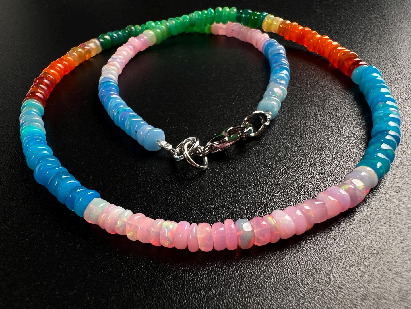 Genuine Ethiopian Opal Multi Pink blue green Disco Welo Fire Opal 4.5mm large Roundel Necklace Fiery Opal Jewelry Gift