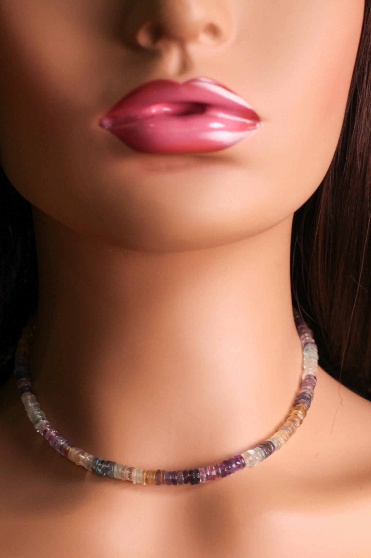 Natural Fluorite Heishi Roundel 4-5mm beautiful purple-yellow shaded Necklace for Man and Woman in Silver Lobster clasp, Beach Gift
