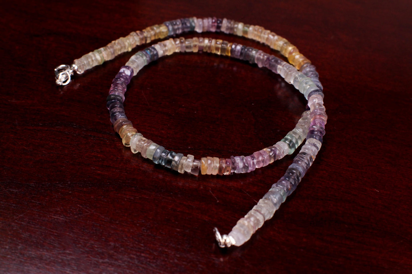 Natural Fluorite Heishi Roundel 4-5mm beautiful purple-yellow shaded Necklace for Man and Woman in Silver Lobster clasp, Beach Gift