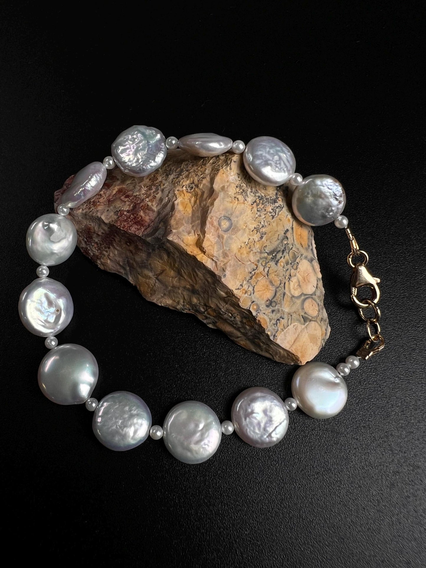 Freshwater Coin Pearl Bracelet, Sterling Silver, 14K Gold Clasp