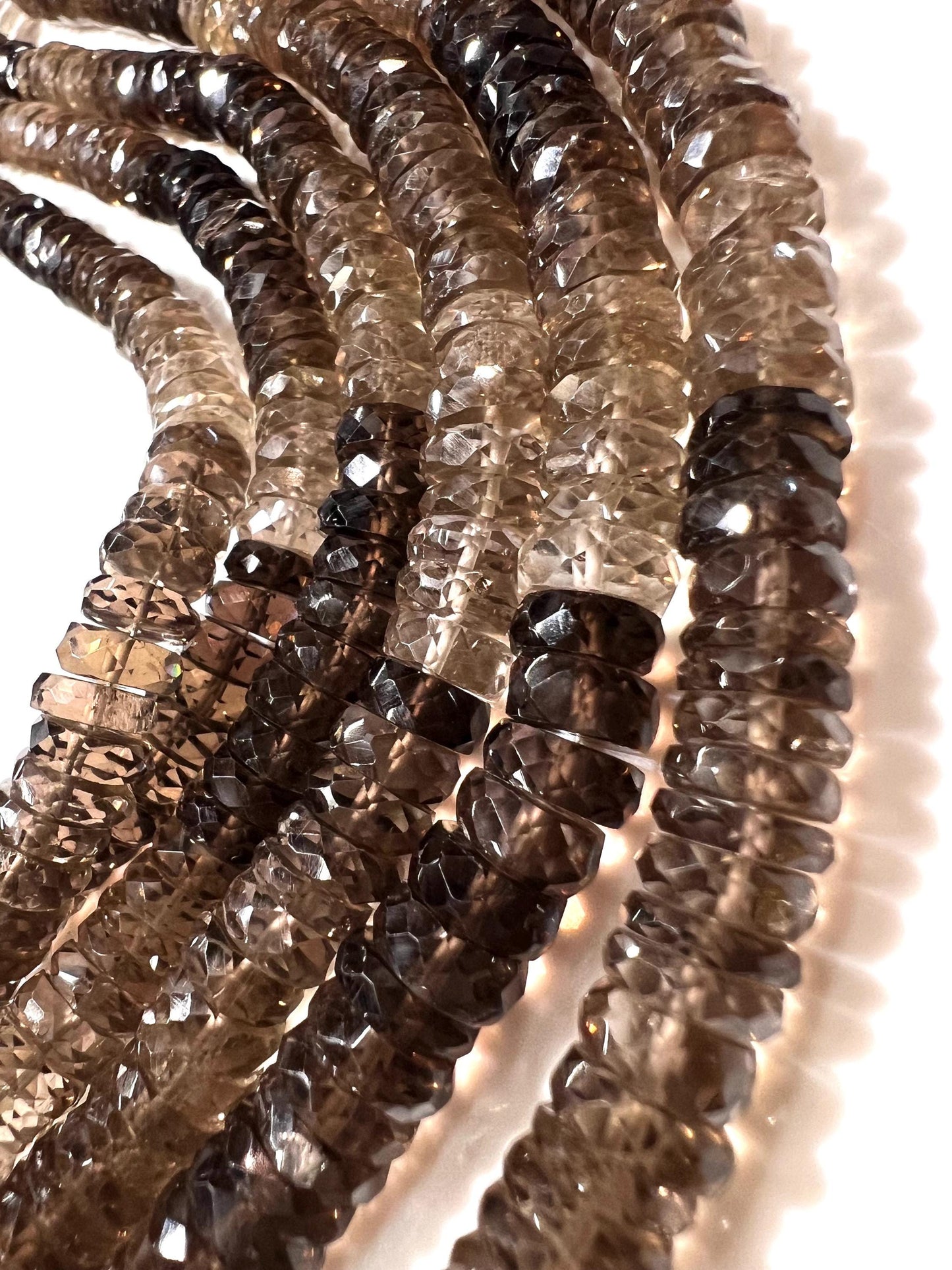 Natural Smokey Quartz Faceted heishi wheel tyre roundel shaded micro cut AAA quality jewelry making bead 6.5-7.5mm size 7.5” ,15” Strand