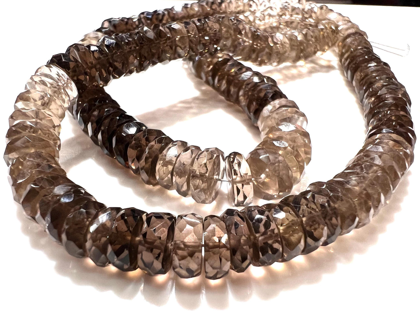 Natural Smokey Quartz Faceted heishi wheel tyre roundel shaded micro cut AAA quality jewelry making bead 6.5-7.5mm size 7.5” ,15” Strand
