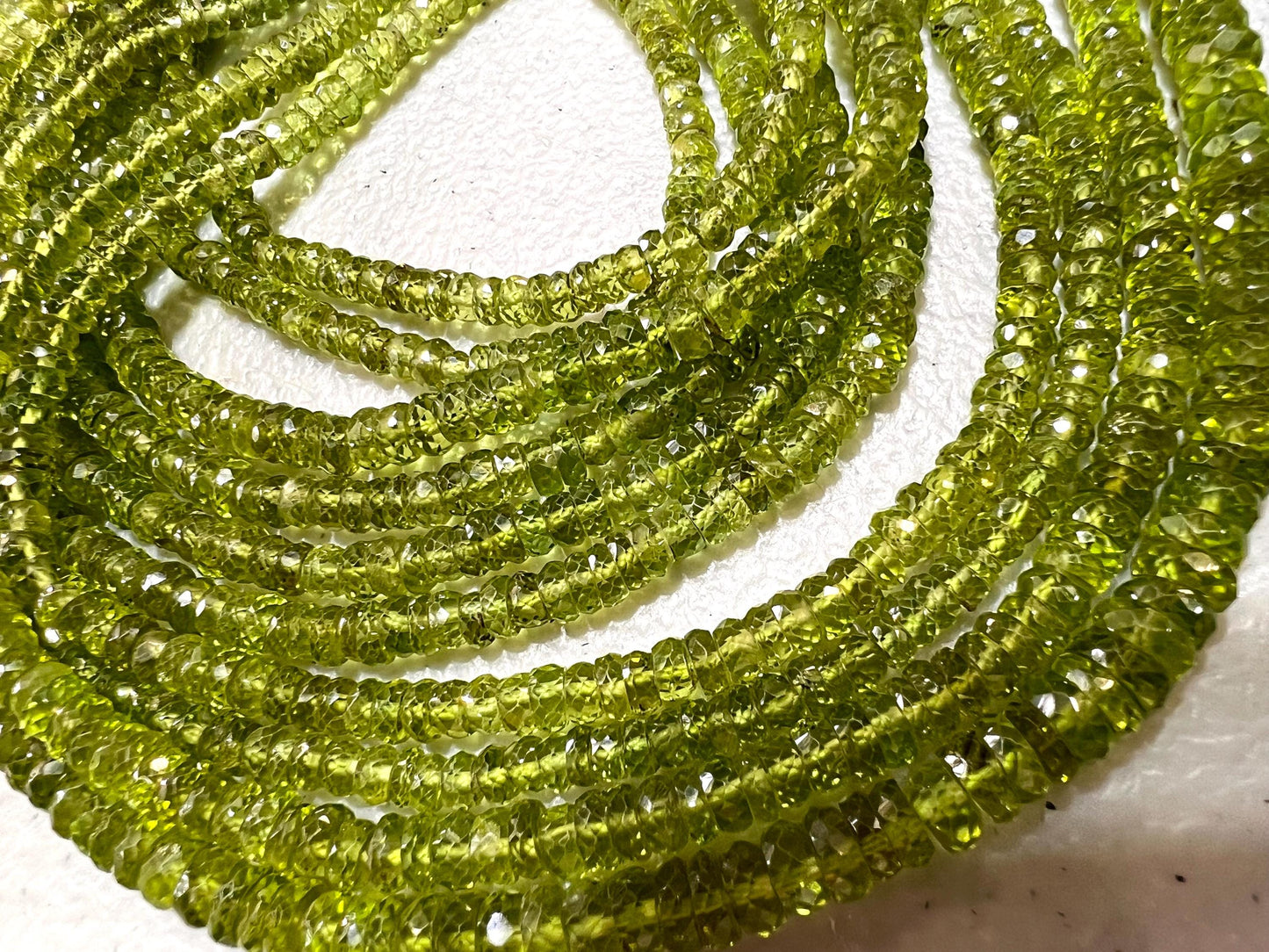 Natural Peridot tyre Wheel Heishi cut Micro Faceted Rondelle 4mm AAA clear quality Gemstone Beads 6” and 12” strand August Birthstone