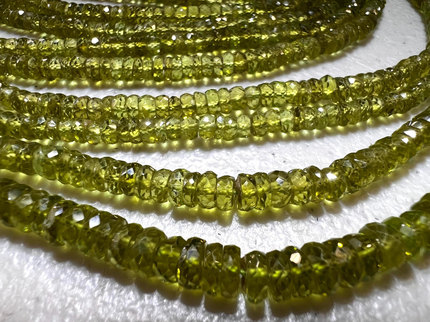 Natural Peridot tyre Wheel Heishi cut Micro Faceted Rondelle 4mm AAA clear quality Gemstone Beads 6” and 12” strand August Birthstone