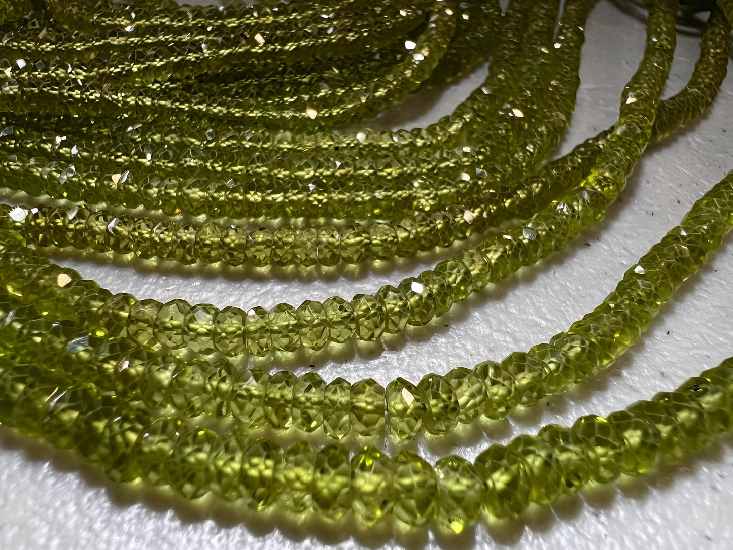 Natural Peridot tyre Wheel Heishi cut Micro Faceted Rondelle 4mm AAA clear quality Gemstone Beads 6” and 12” strand August Birthstone