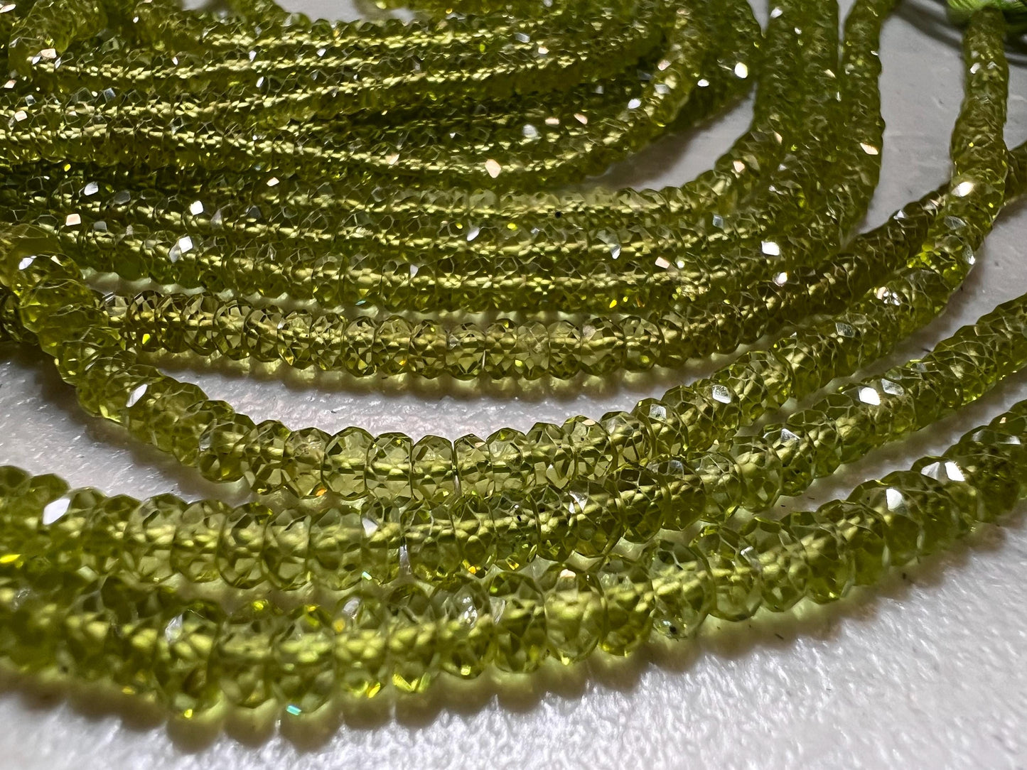 Natural Peridot tyre Wheel Heishi cut Micro Faceted Rondelle 4mm AAA clear quality Gemstone Beads 6” and 12” strand August Birthstone