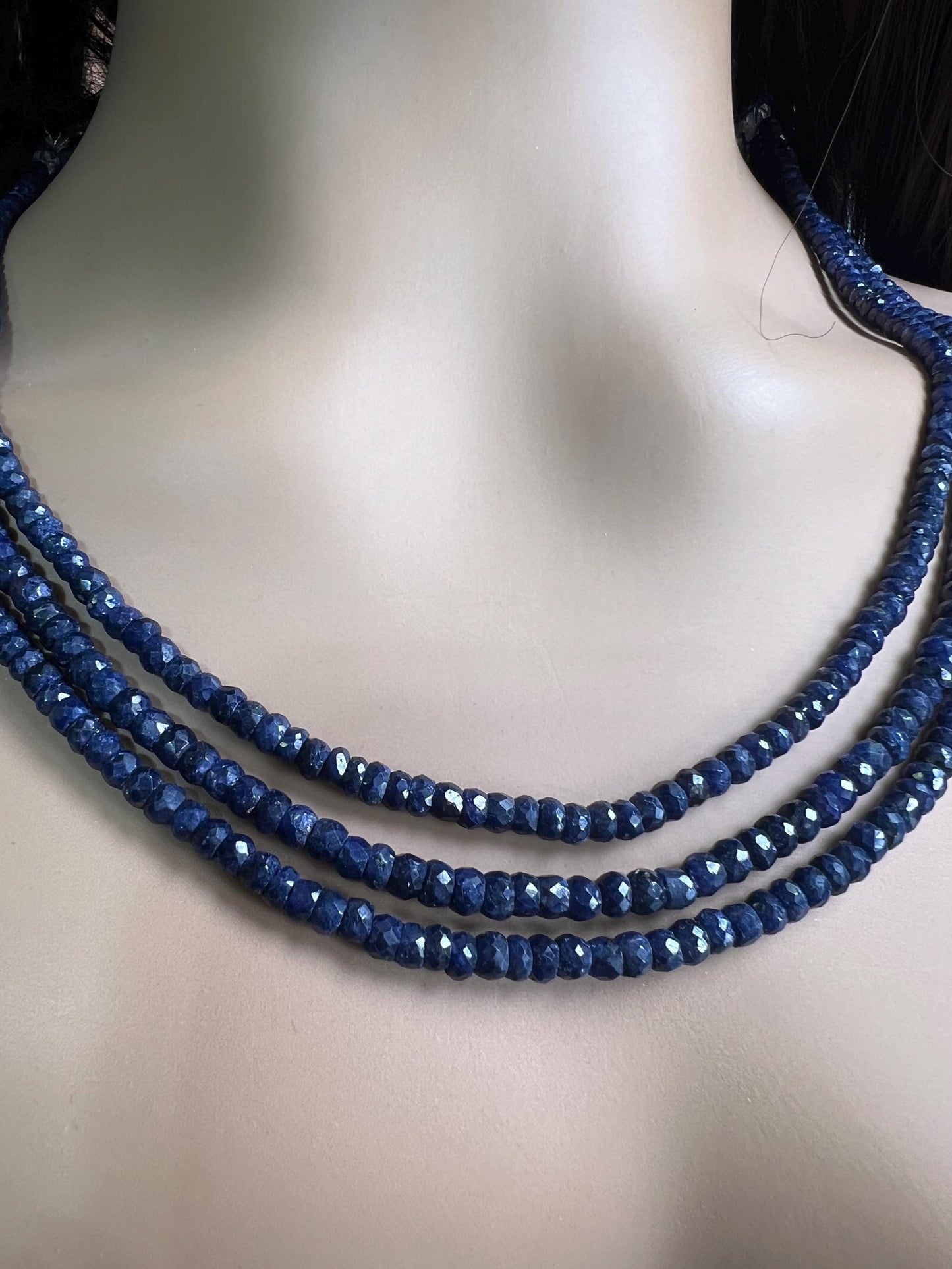 Natural Blue Sapphire Faceted Roundel 4-4.5mm 3 line 2 line Adjustable Blue Sapphire Gemstone Statement Necklace 16.5" plus 8” ext thread