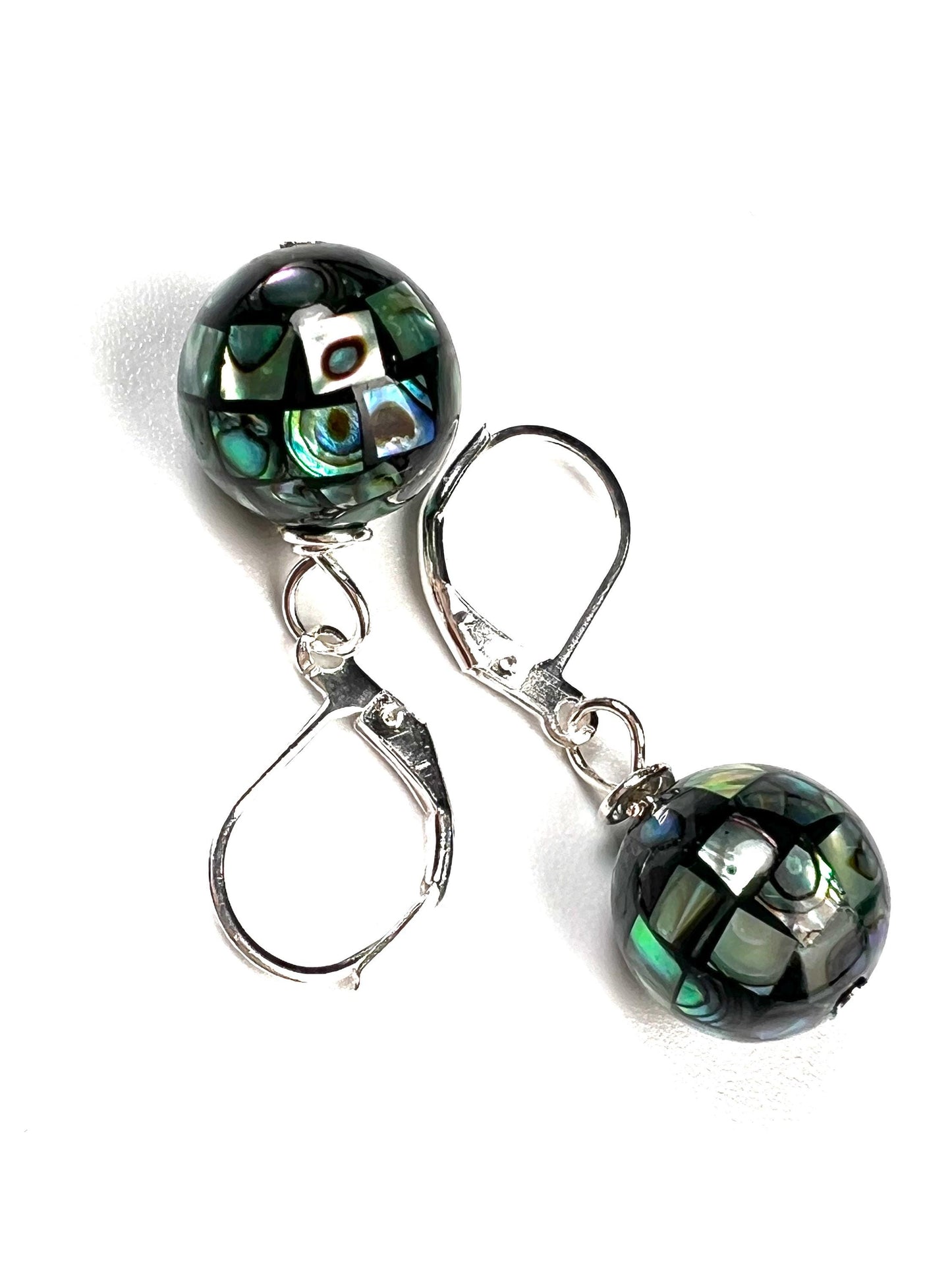Natural Abalone Pua Shell Mosaic Disco Ball 12.5mm Round Earrings 925 Sterling silver gold,Blue green rainbow handmade Gift for Her