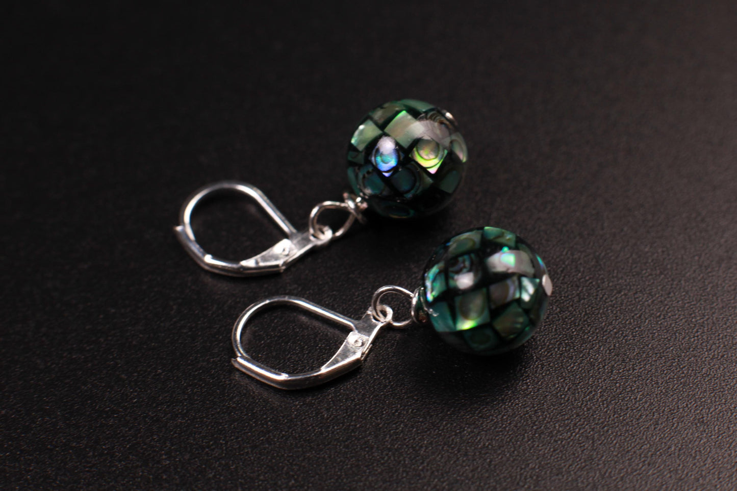 Natural Abalone Pua Shell Mosaic Disco Ball 12.5mm Round Earrings 925 Sterling silver gold,Blue green rainbow handmade Gift for Her