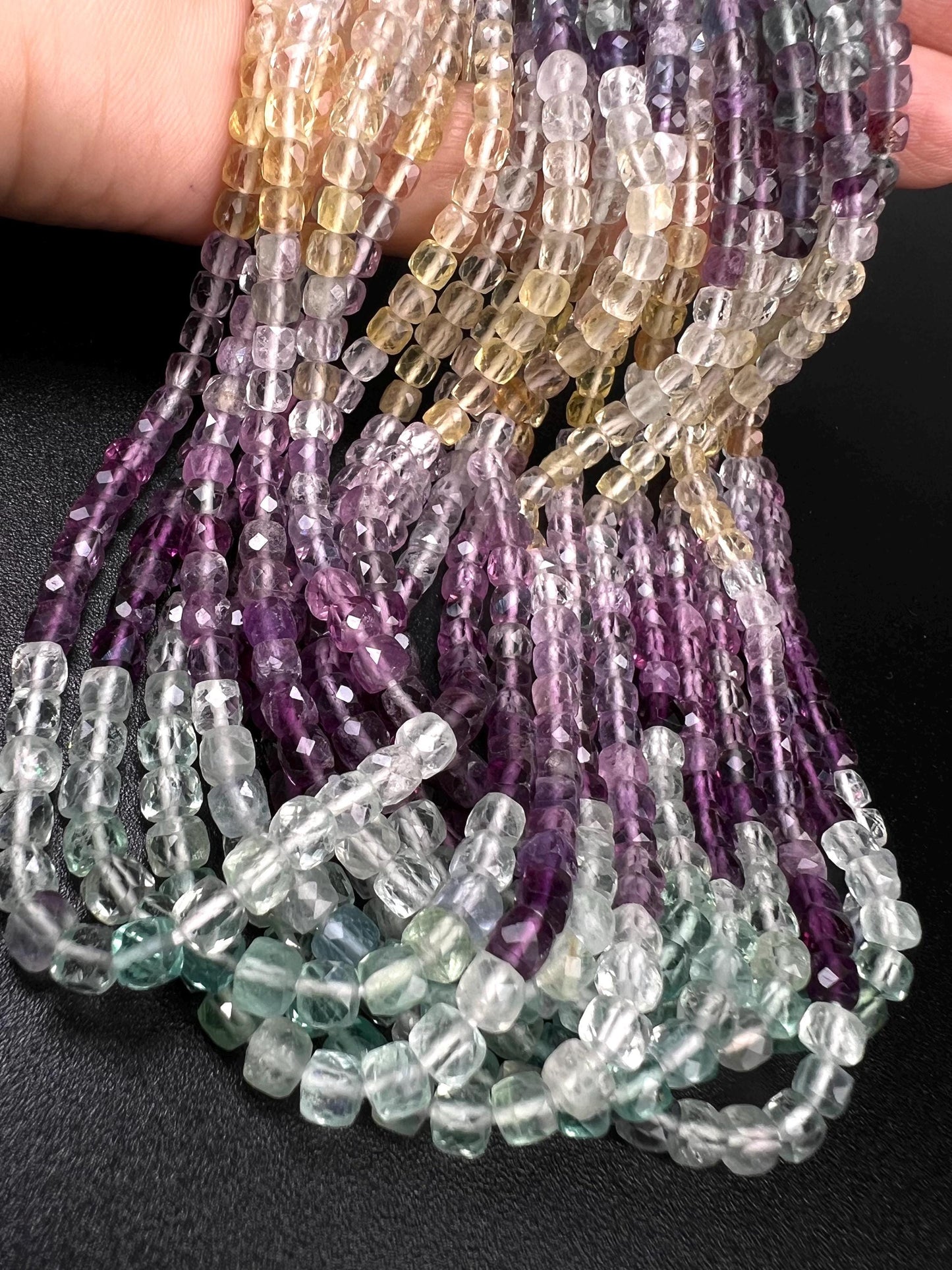 Natural Rainbow Fluorite Faceted Square Cube 4.5mm jewelry making beautiful beads blue purple yellow teal green 12” strand