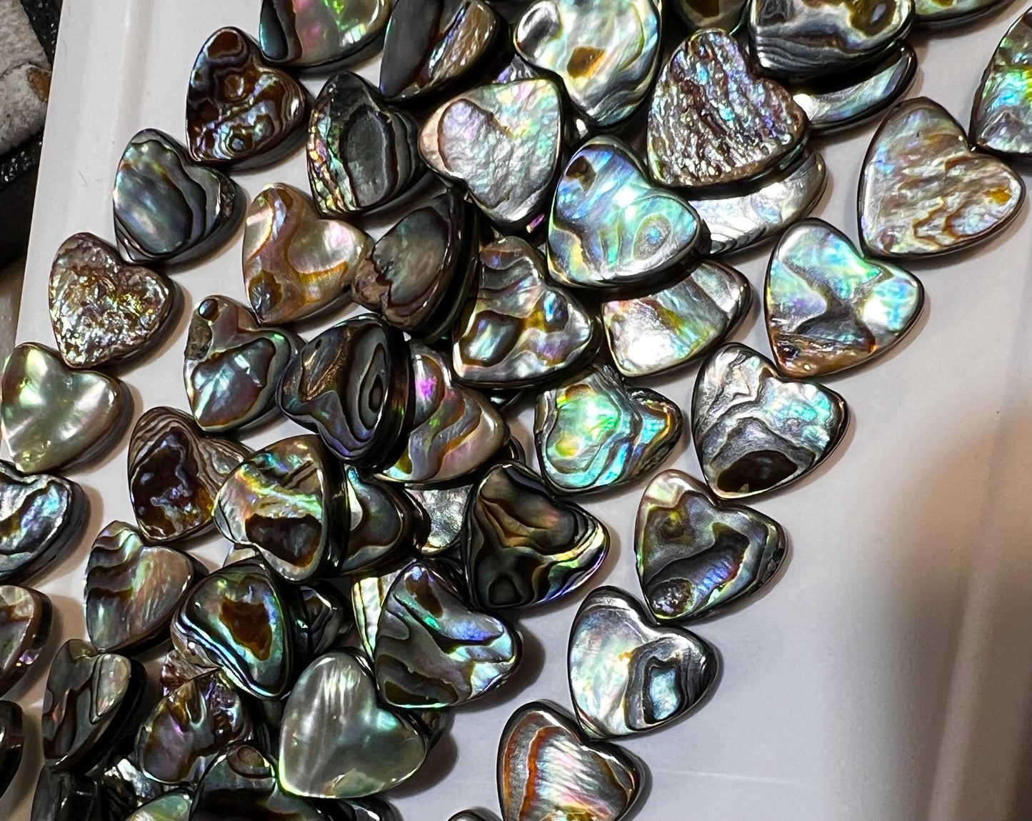 Natural Abalone Paua Shell 12mm double sided Heart shape beads. 5” Strand (12 pcs). Beautiful blue green natural beads