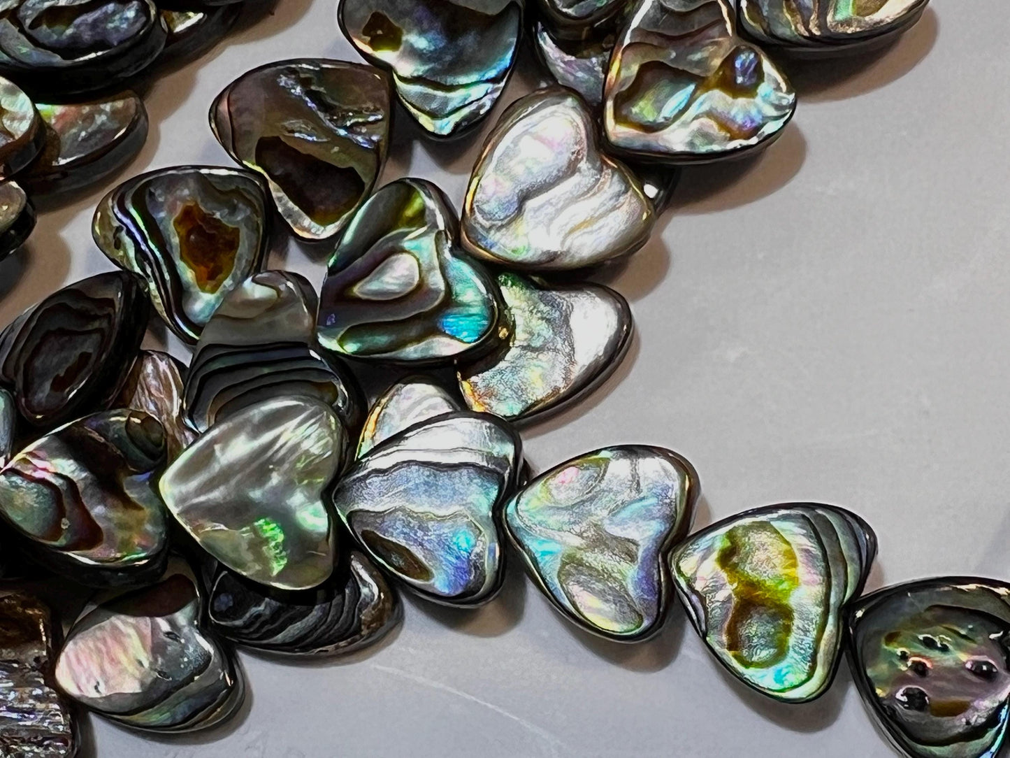 Natural Abalone Paua Shell 12mm double sided Heart shape beads. 5” Strand (12 pcs). Beautiful blue green natural beads