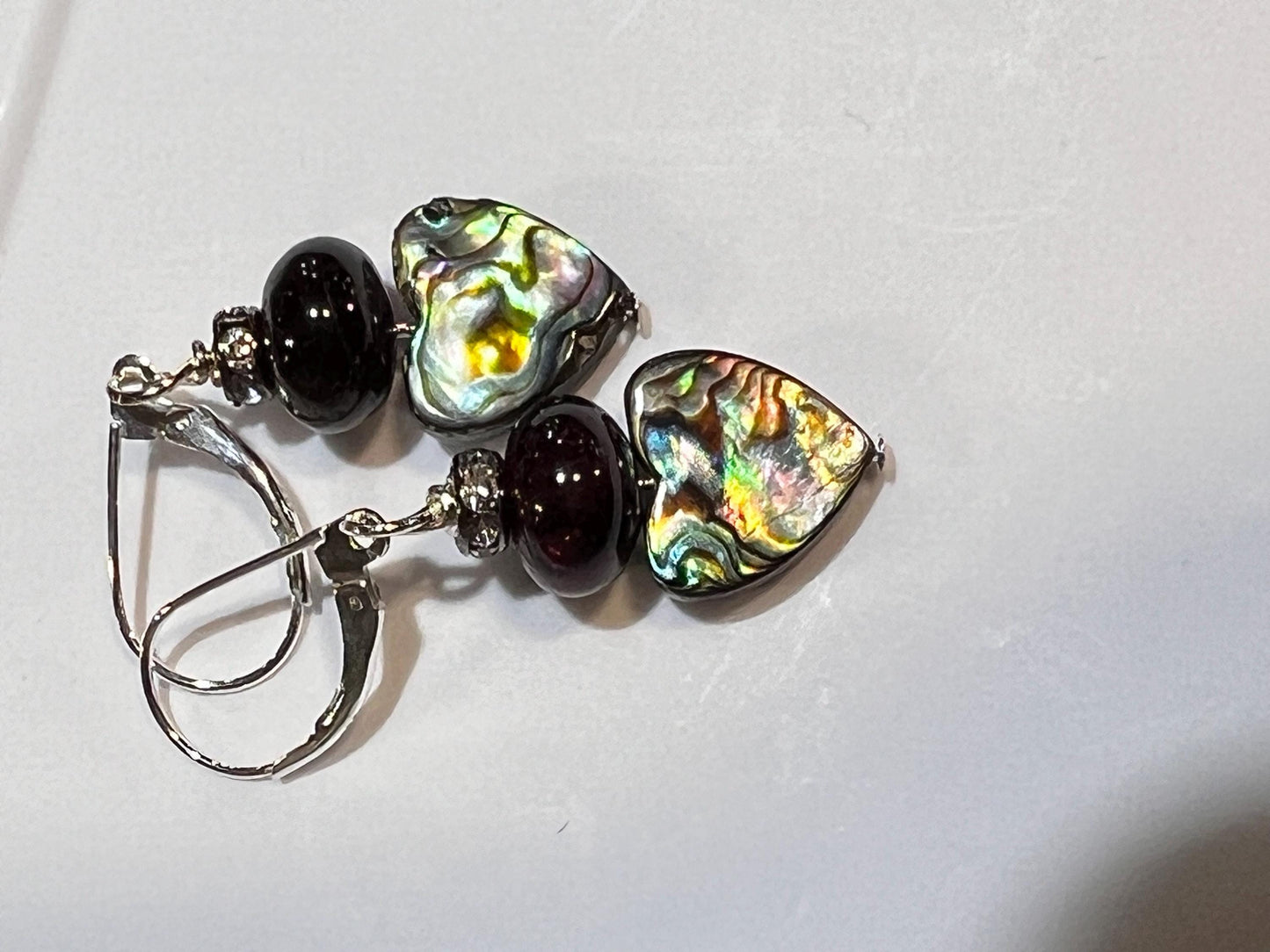 Genuine Abalone 12mm Heart shape double sided with Black Onyx 12mm and rhinestone spacer silver earrings Handmade Gift for Her