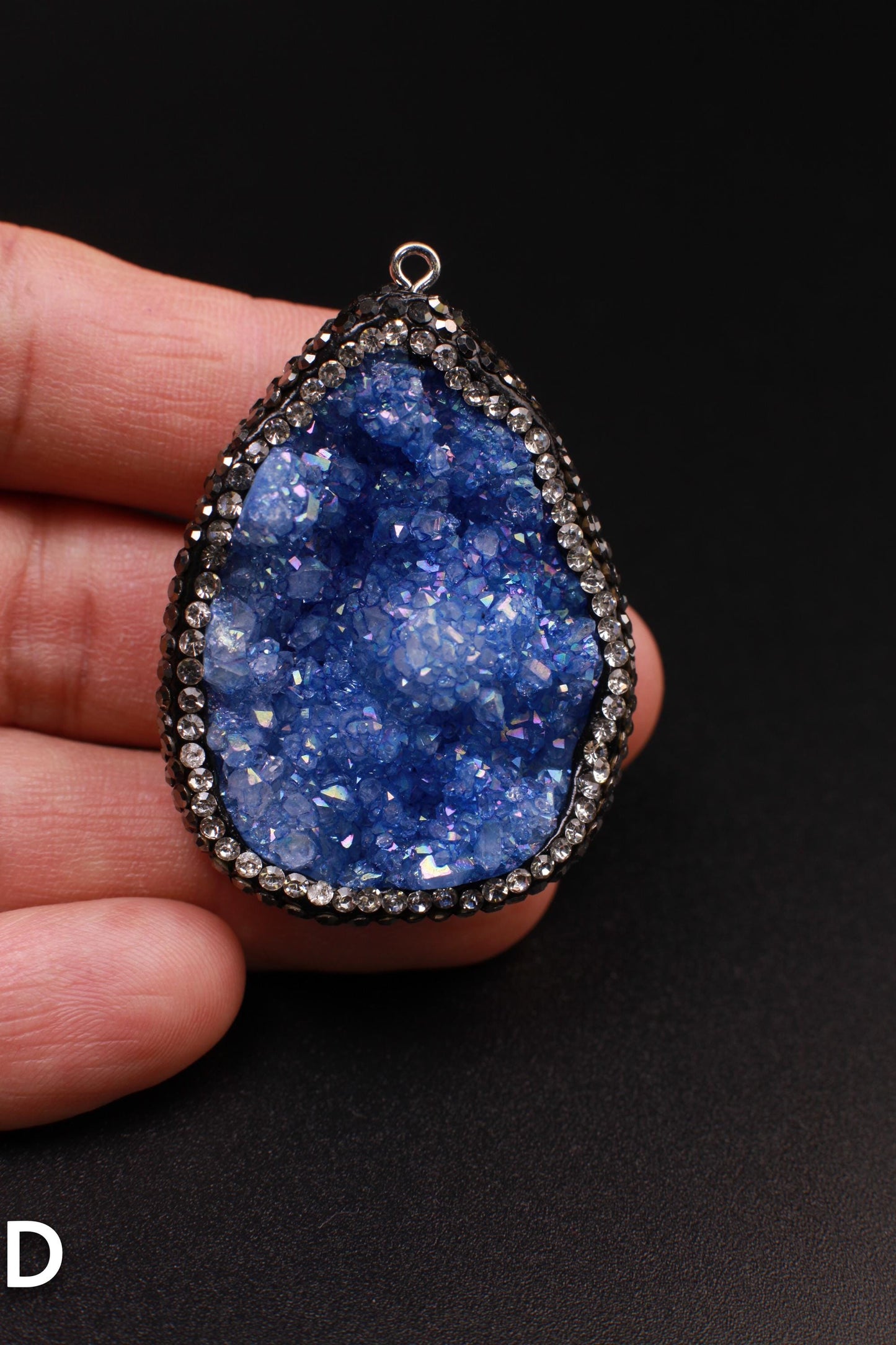 Natural Druzy Agate Auroa Borealis Blue Geode Pendant 36x48mm Handmade Rhinestone and Lapis Gemstone Chain Oxidized Sterling Silver Necklace