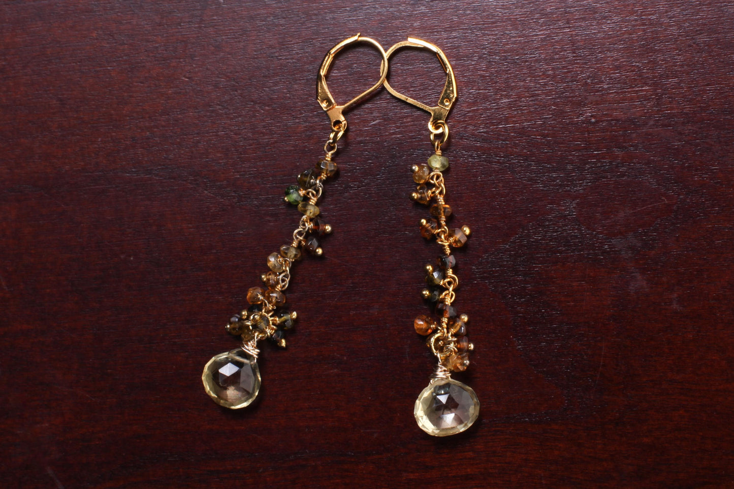 Natural Lemon Quartz Teardrop Dangling with Petro Brown Tourmaline Wire Wrapped 22K Gold Vermeil Earrings, Natural Gemstone, Handmade Gift