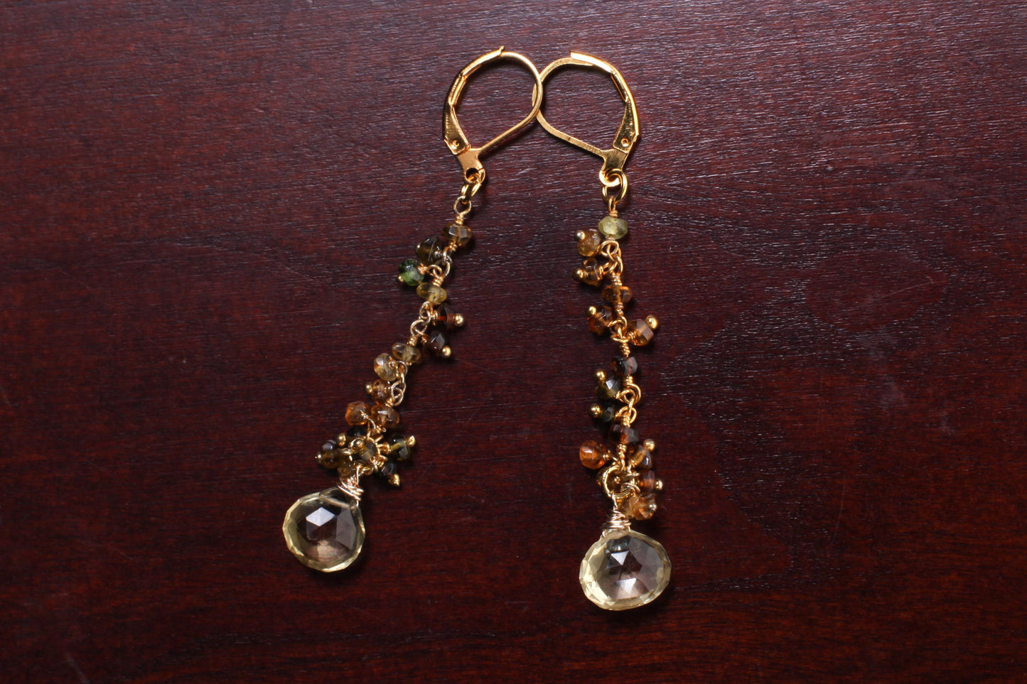 Natural Lemon Quartz Teardrop Dangling with Petro Brown Tourmaline Wire Wrapped 22K Gold Vermeil Earrings, Natural Gemstone, Handmade Gift
