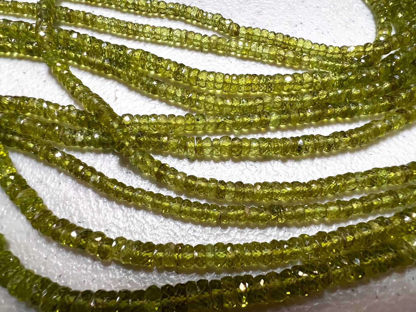 Natural Peridot tyre Wheel Heishi cut Micro Faceted Rondelle 4mm AAA clear quality Gemstone Beads 6” and 12” strand August Birthstone