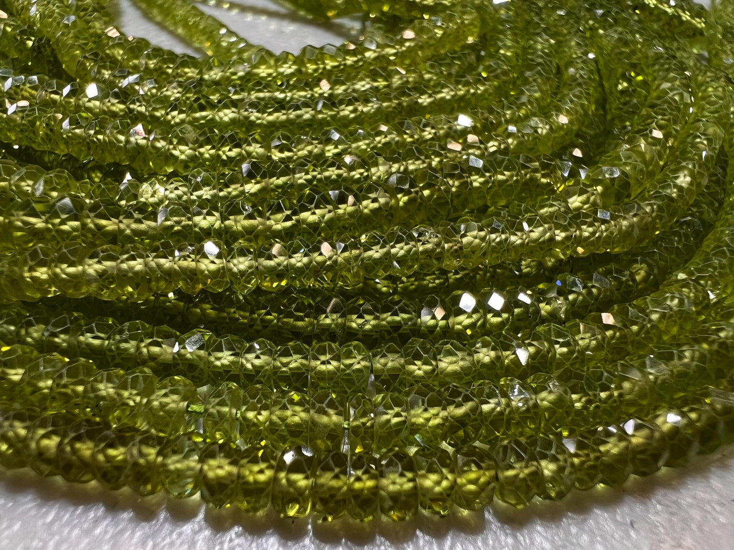 Natural Peridot tyre Wheel Heishi cut Micro Faceted Rondelle 4mm AAA clear quality Gemstone Beads 6” and 12” strand August Birthstone