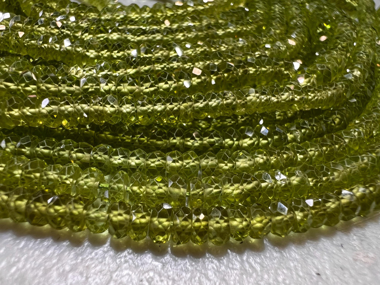 Natural Peridot tyre Wheel Heishi cut Micro Faceted Rondelle 4mm AAA clear quality Gemstone Beads 6” and 12” strand August Birthstone