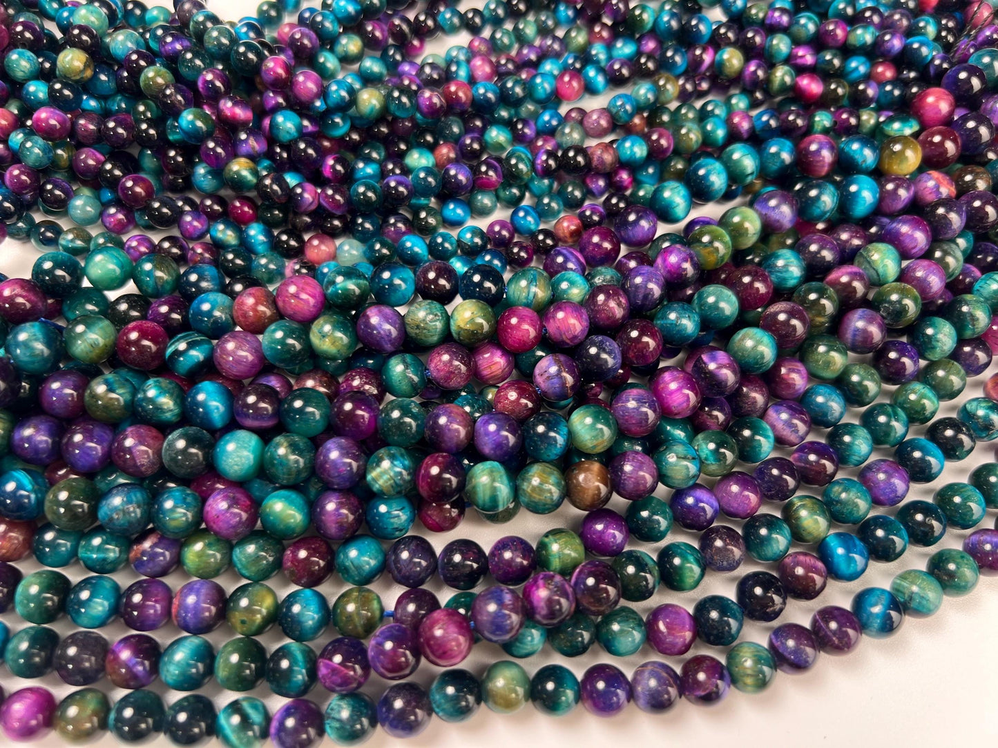Galaxy Tiger Eye Smooth Round beads for, Jewelry Making Natural Gemstone Beads .,6mm 8mm 14.5” full strand blue green pink purple
